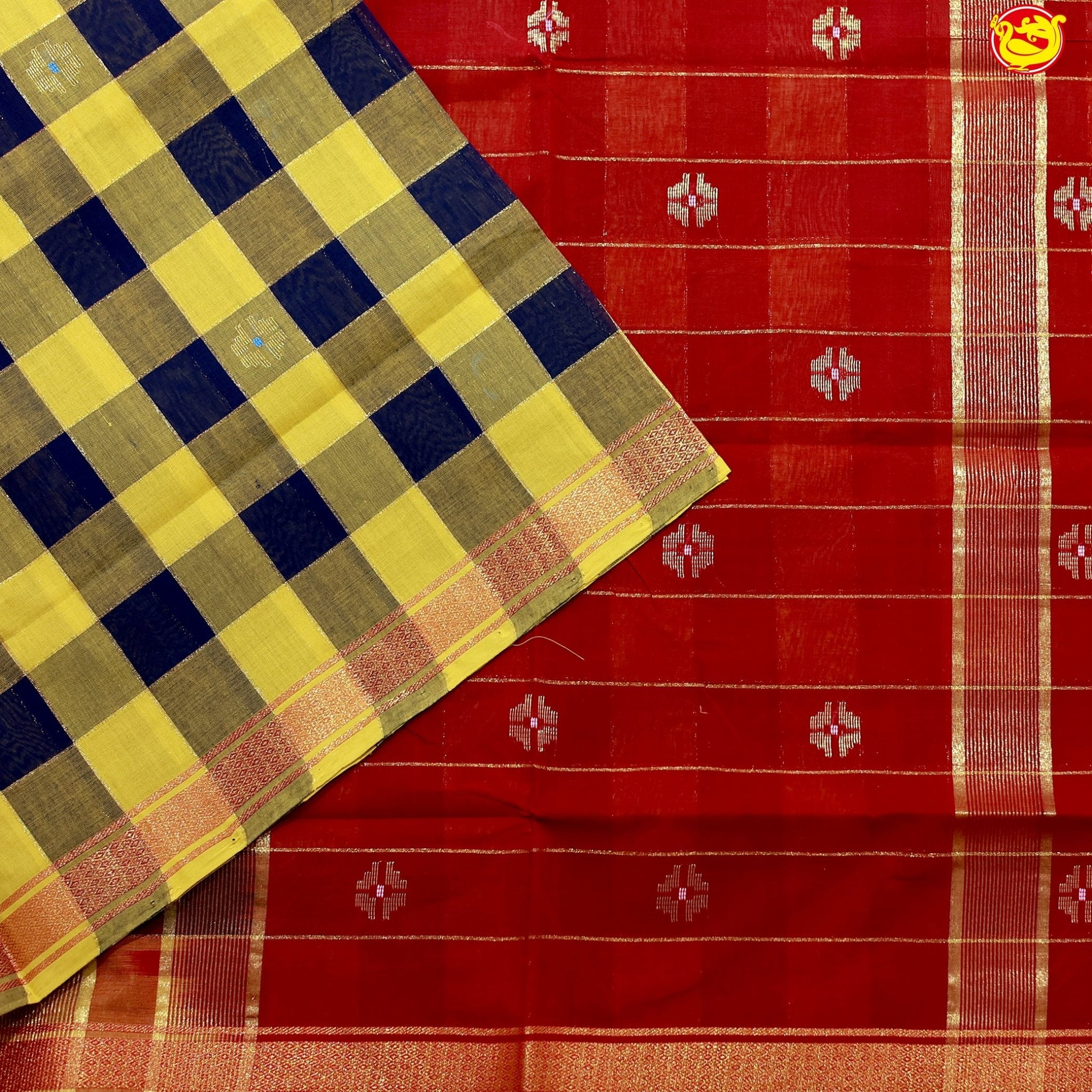 Black with Yellow Checked Gold Zari Border Maroon Floral Pallu Venkatagiri Pure Cotton without Blouse