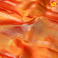 Orange and Green Checked in Tree Buttas Long Border Heirloom Pure Soft Silk Saree - Thenianantham