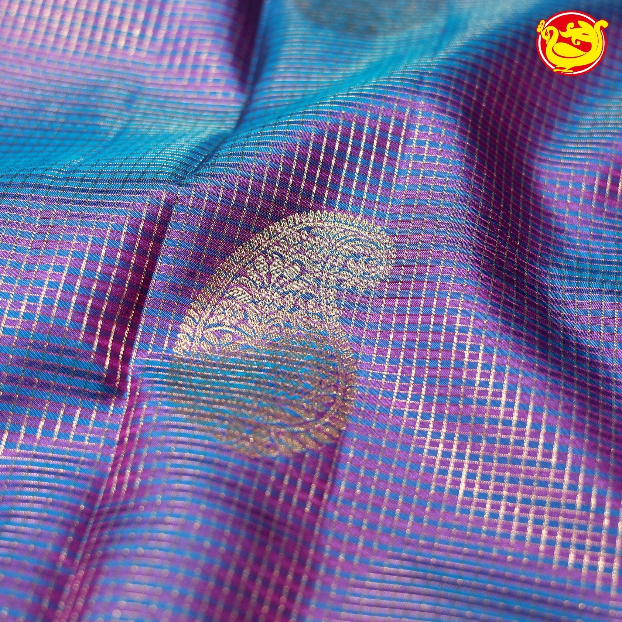 Purple Shades of Ocean Blue Double Checked Mango Motifs Gold Zari Floral Long Border Pure Kanjivaram Soft Silk Saree - Thenianantham