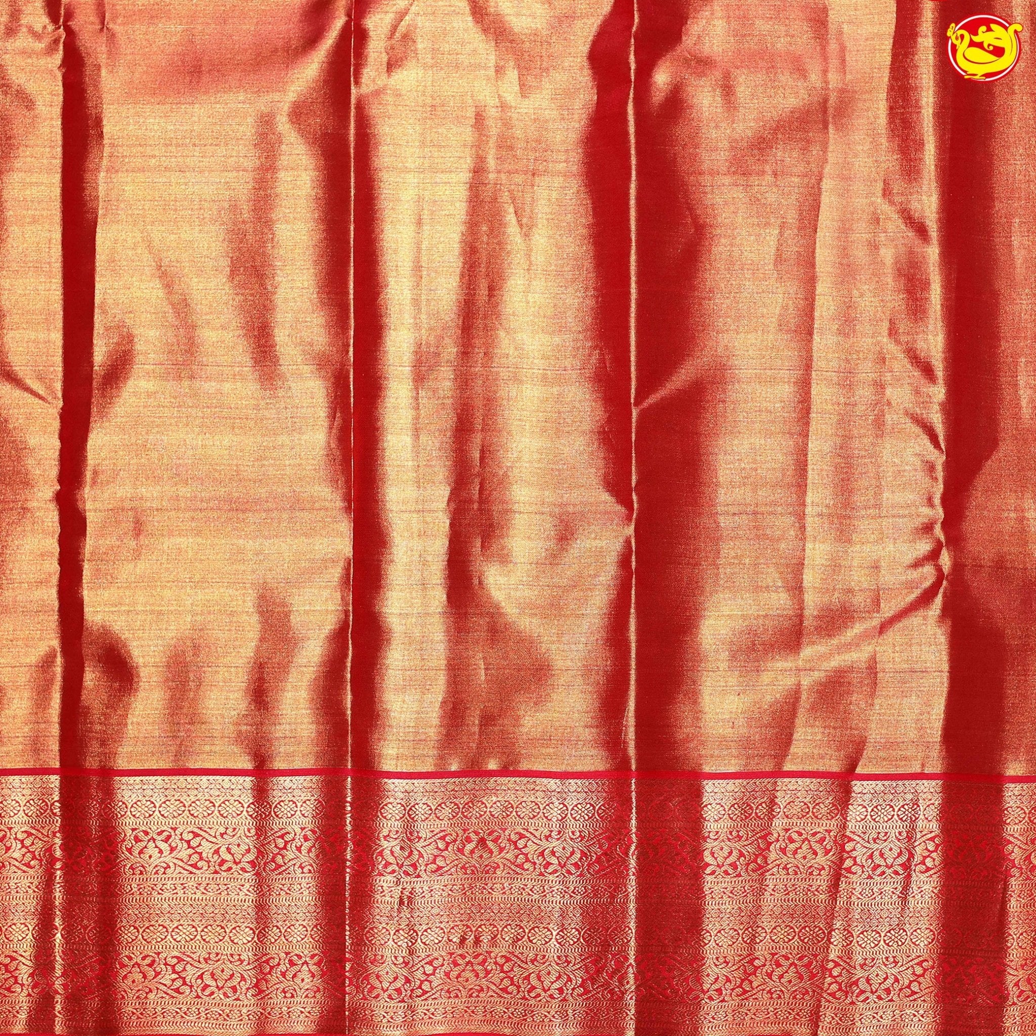 Golden Red Floral Motifs Gold Zari Traditional Floral Border Tissue Wedding Silk Saree - Thenianantham