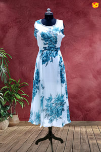 White and Blue Beautiful Floral Motifs Ladies Branded Readymade Maxi Top