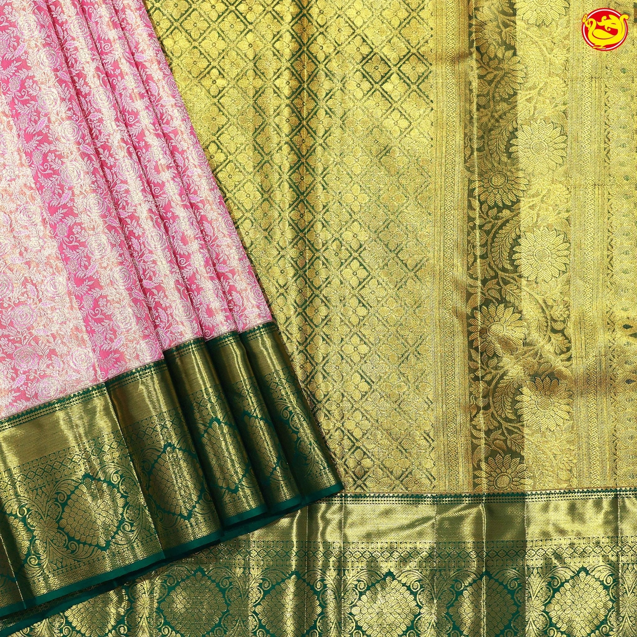 Baby Pink Jacquard Gold Zari Floral Motifs Border Pure Kanjivaram Wedding Silk Saree