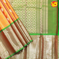 Orange and Green Checked in Tree Buttas Long Border Heirloom Pure Soft Silk Saree - Thenianantham