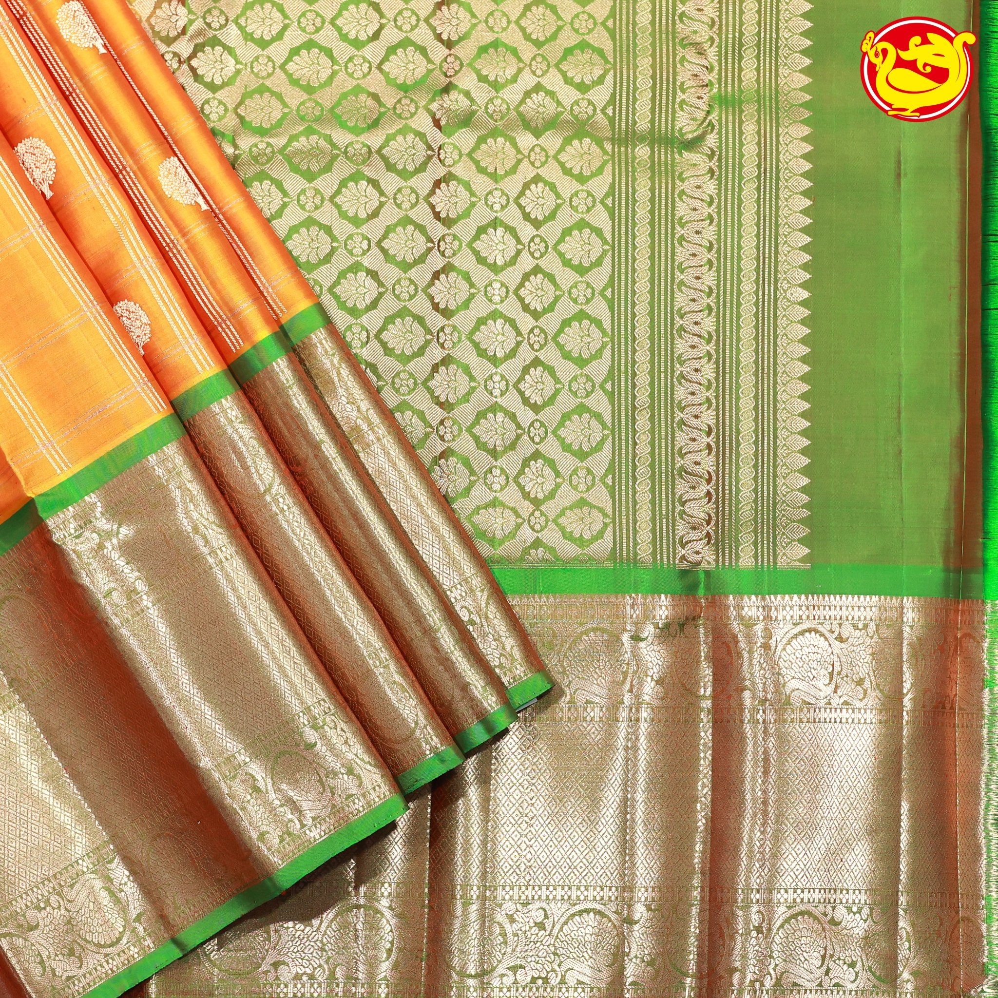 Orange and Green Checked in Tree Buttas Long Border Heirloom Pure Soft Silk Saree - Thenianantham