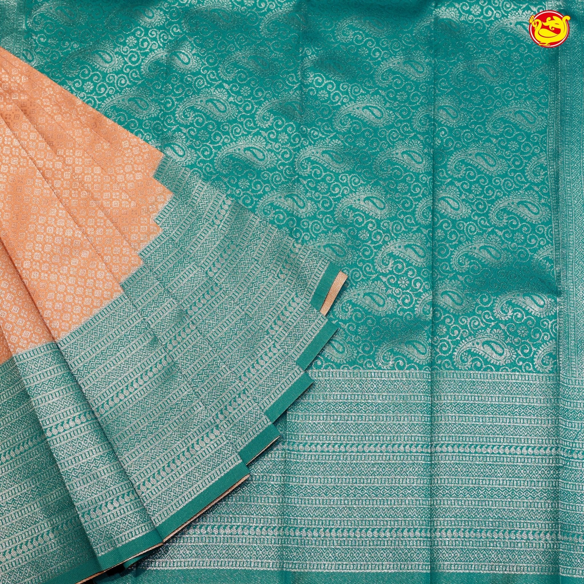 Light Orange with Green Buttas Motifs Kubera Pattu Saree