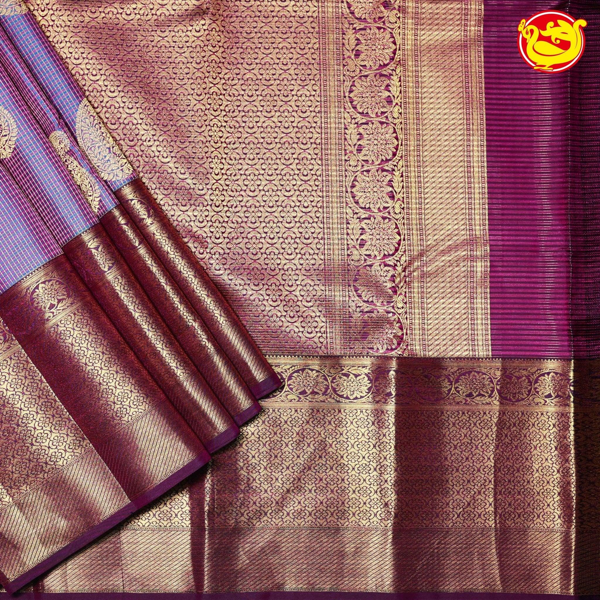 Purple Shades of Ocean Blue Double Checked Mango Motifs Gold Zari Floral Long Border Pure Kanjivaram Soft Silk Saree