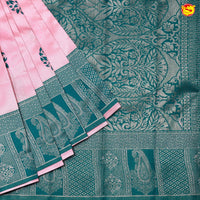 Baby Pink with Green Floral Motifs Kubera Pattu Saree - Thenianantham