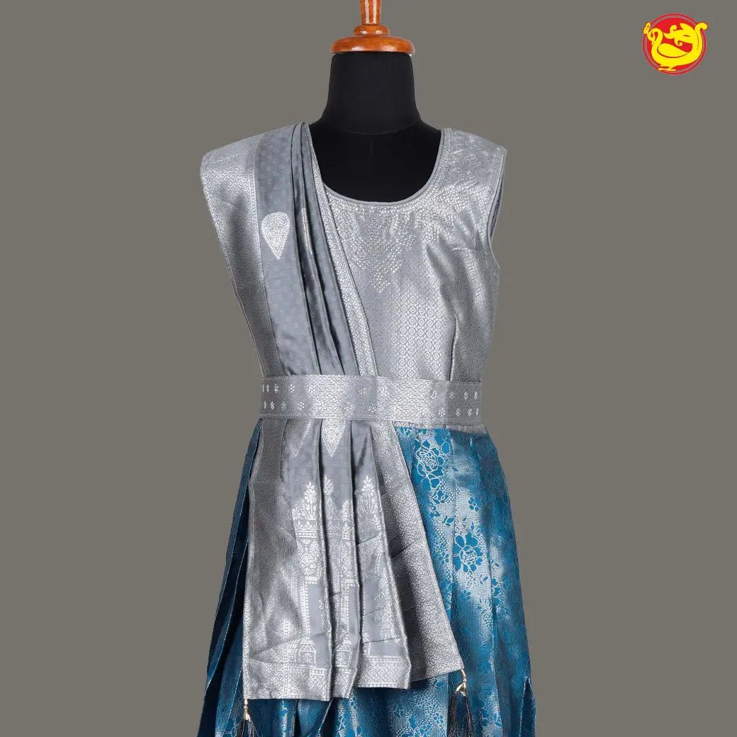 Silver with Blue Girls & Women Branded Readymade Pattu Gown - Thenianantham