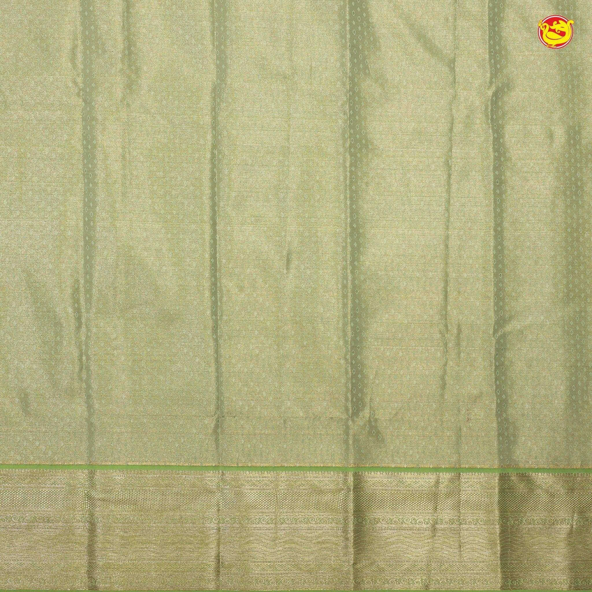 Pastel Green Kattam Motifs Silver Zari Floral Long Border Pure Kanjivaram Wedding Silk S - Thenianantham