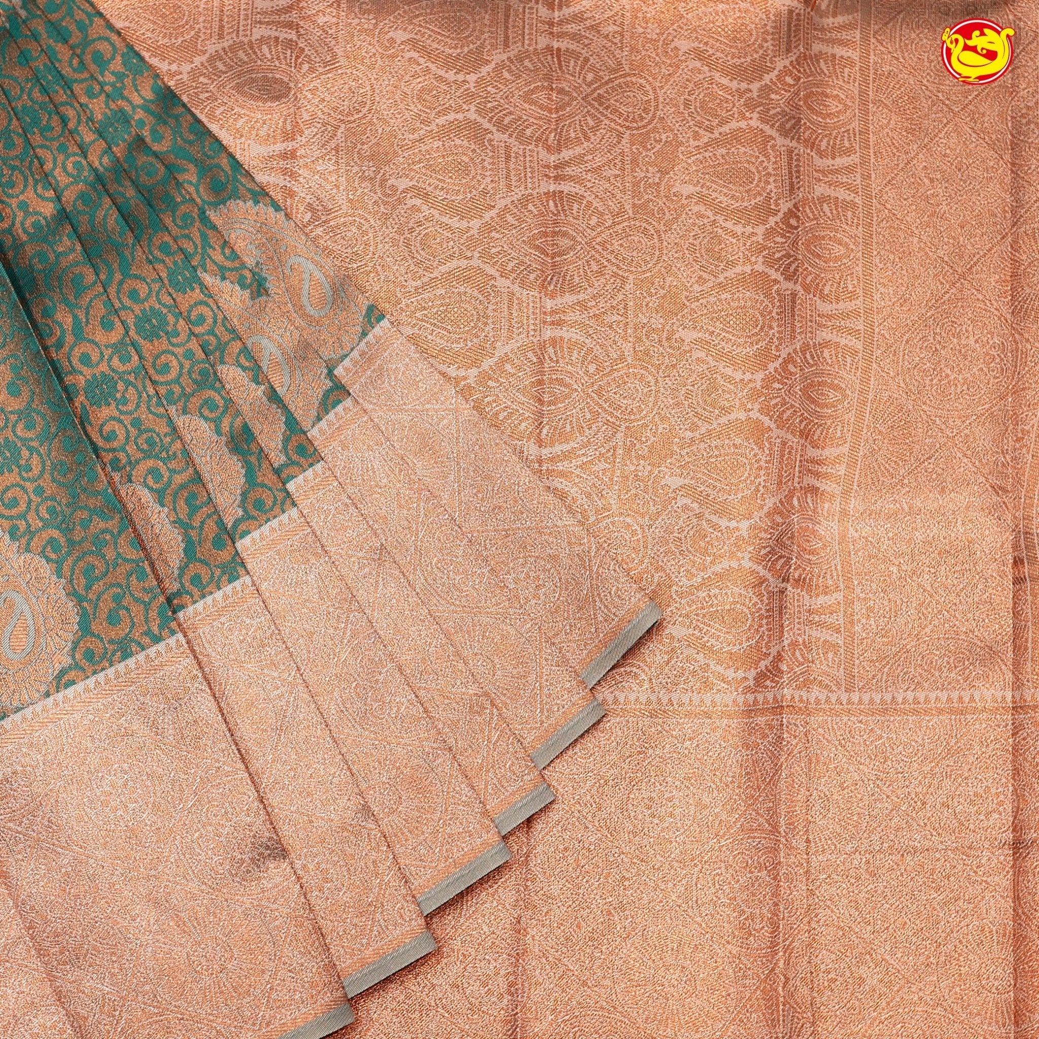 Green with Light Orange Mango Motifs Kubera Pattu Silk Saree