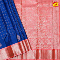 Royal Blue Checked Traditional Buttas Gold Zari Floral Border Pure Kanjivaram Soft Silk Saree - Thenianantham