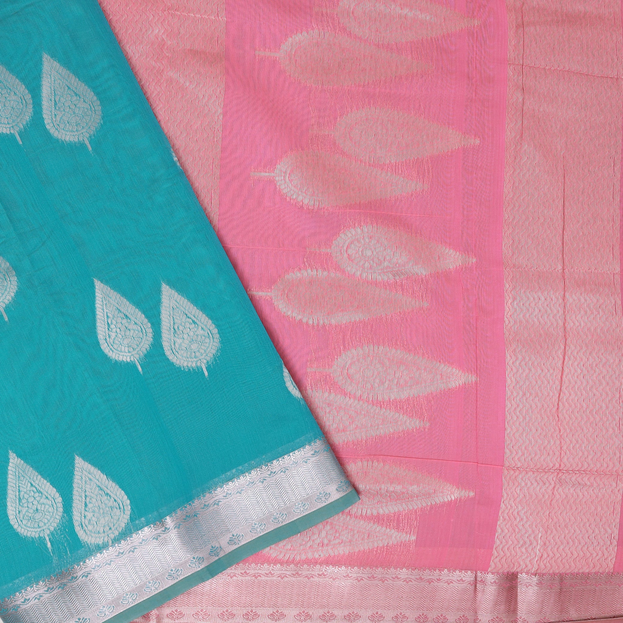 Turquoise Blue With  Pink  Silk Cotton Saree