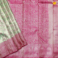 Green with Pink Floral Motifs Gold Zari Long Border Kanjivaram Wedding Silk Saree - Thenianantham