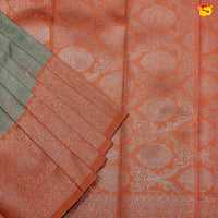 English Grey with Peach Flamingo Motifs Kubera Pattu Saree - Thenianantham