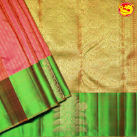 Orange with Green Floral Motifs Gold Zari Buttas Floral Border Pure Kanjivaram Soft Silk Saree - Thenianantham