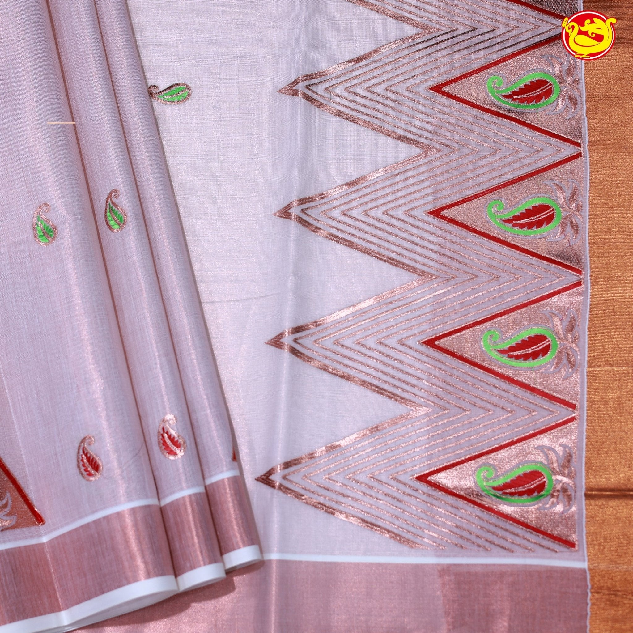 Southloom Exclusive Onam Kasavu Saree Rich Temple Kopuram and Mango Motifs Copper Zari Border (Matching Plain Blouse Included)