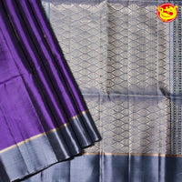 Violet with Grey Ikat Floral Buttas Silver and Gold Zari Floral Motifs Pallu Pure Kanjivaram Soft Silk Saree - Thenianantham