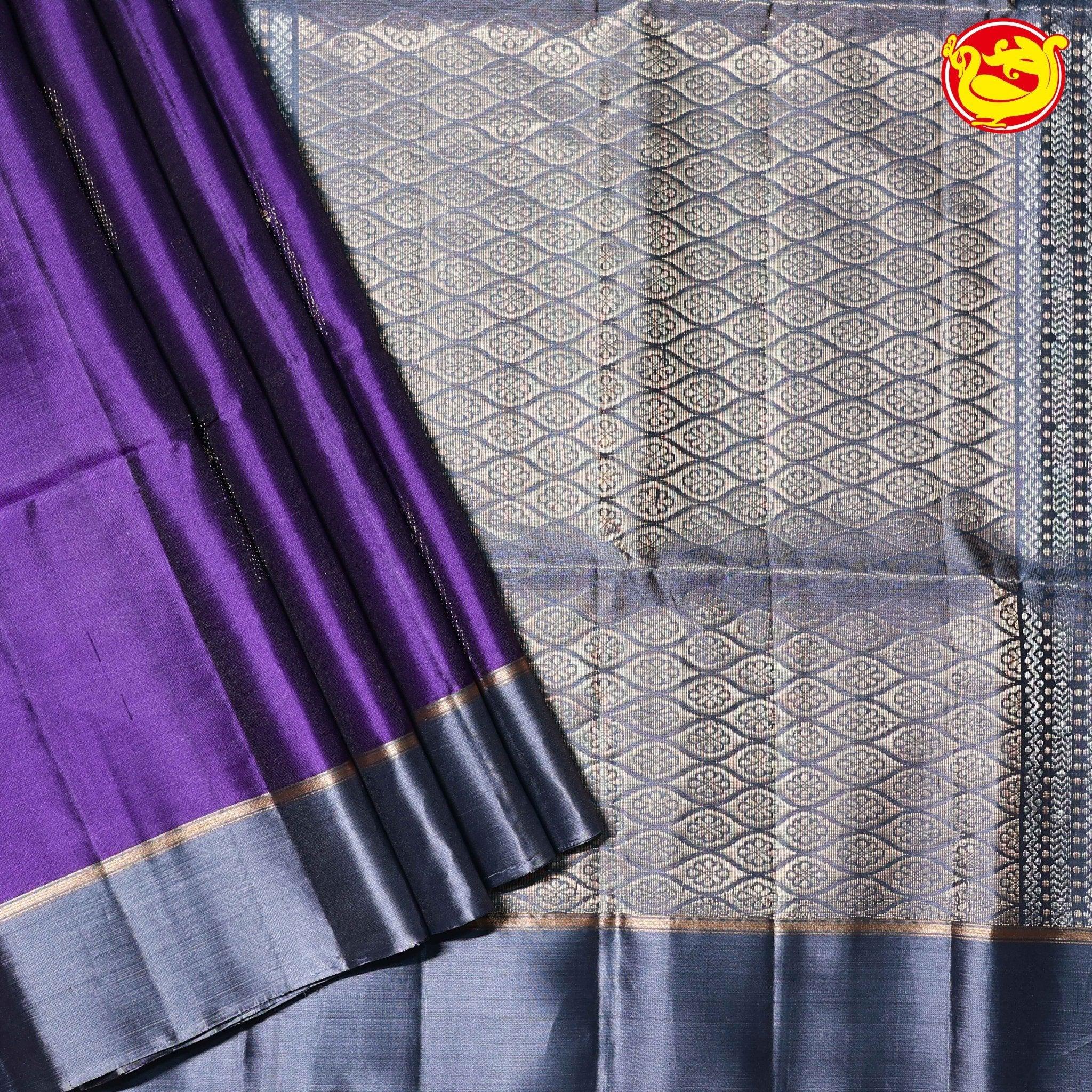 Violet with Grey Ikat Floral Buttas Silver and Gold Zari Floral Motifs Pallu Pure Kanjivaram Soft Silk Saree