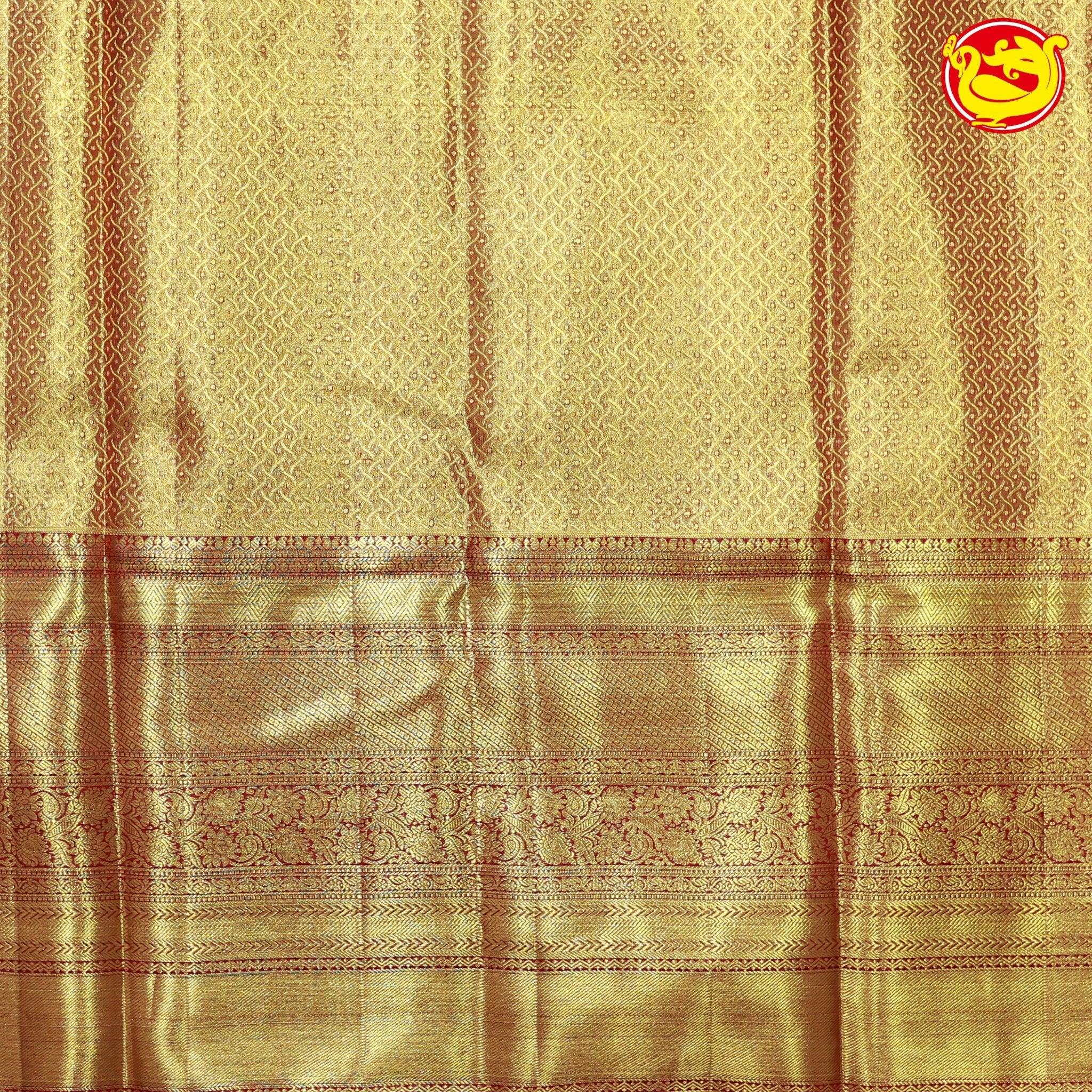 Golden with Silver Jacquard Gold Zari Floral Long Border Kanjivaram Wedding Silk Saree - Thenianantham