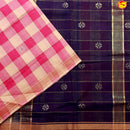 Pink with cream Checked Gold Zari Border Black Floral Pallu Venkatagiri Pure Cotton without Blouse - Thenianantham