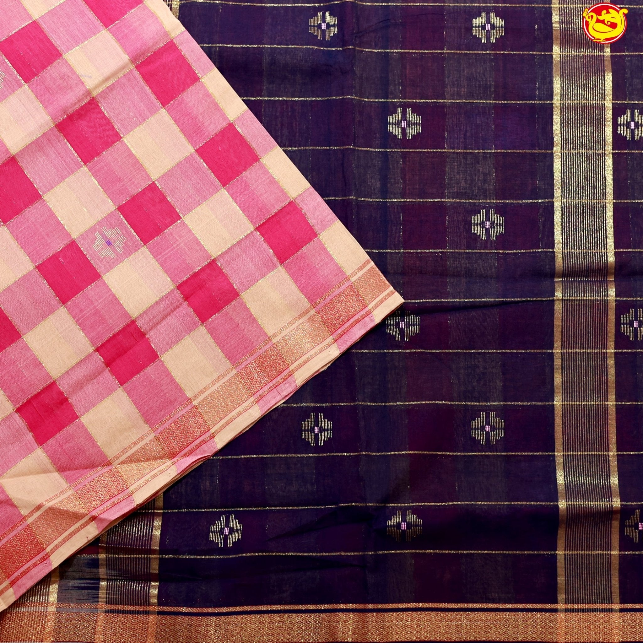 Pink with cream Checked Gold Zari Border Black Floral Pallu Venkatagiri Pure Cotton without Blouse