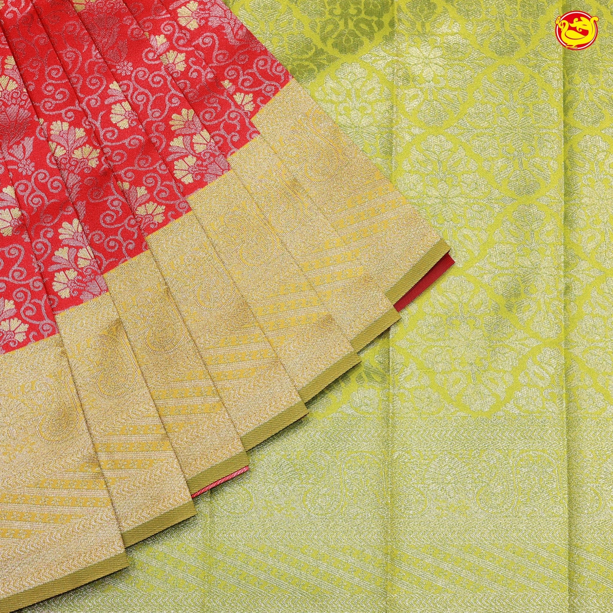 Red with Green Floral Motifs Kubera Pattu Saree