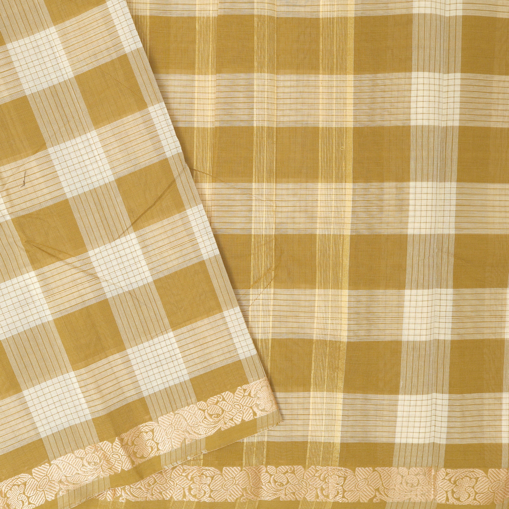 Yellow – Brown Small Checked Pattern Pure Chettinad Cotton Saree without Blouse