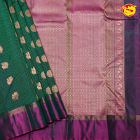 Bottle Green Checked Round Buttas Gold Zari Pure Kanjivaram Soft Silk Saree - Thenianantham