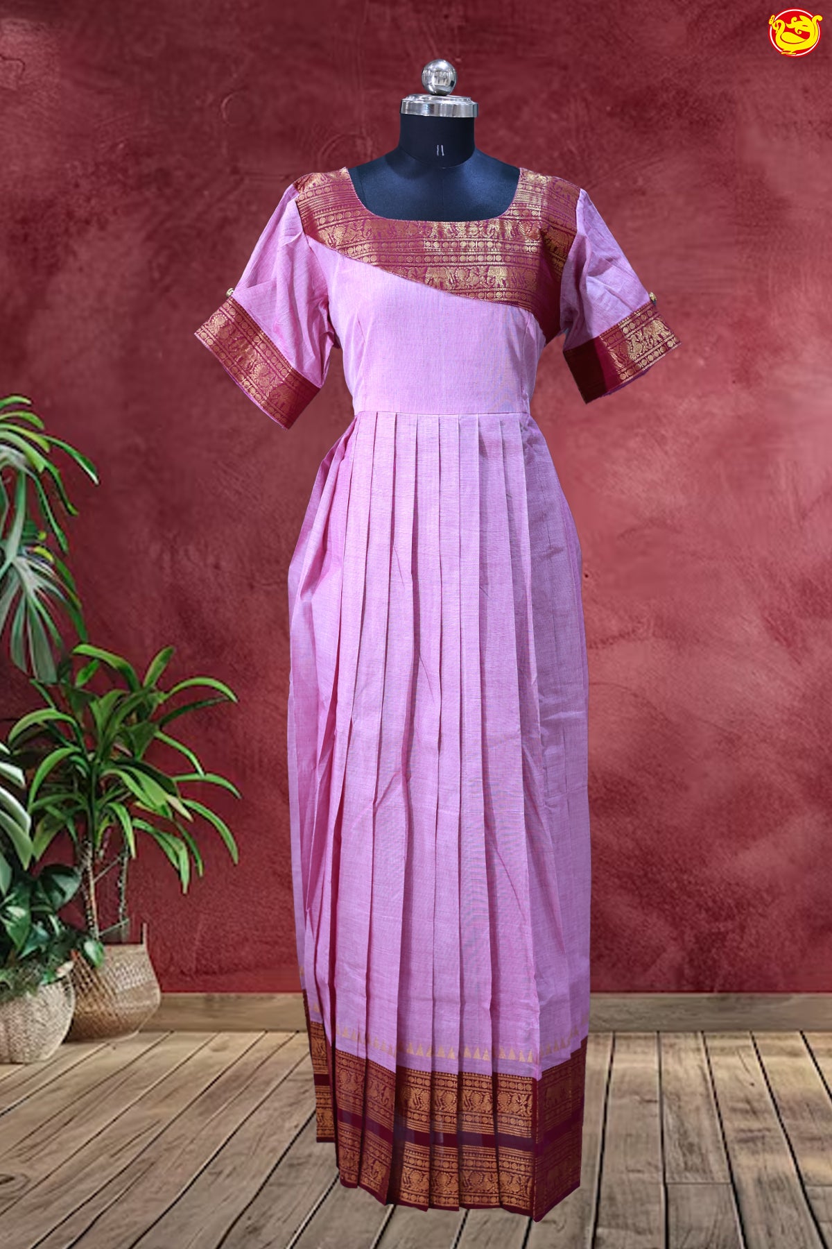 Baby Pink with Maroon Ladies Branded Readymade Chettinad Cotton Pleated Gown