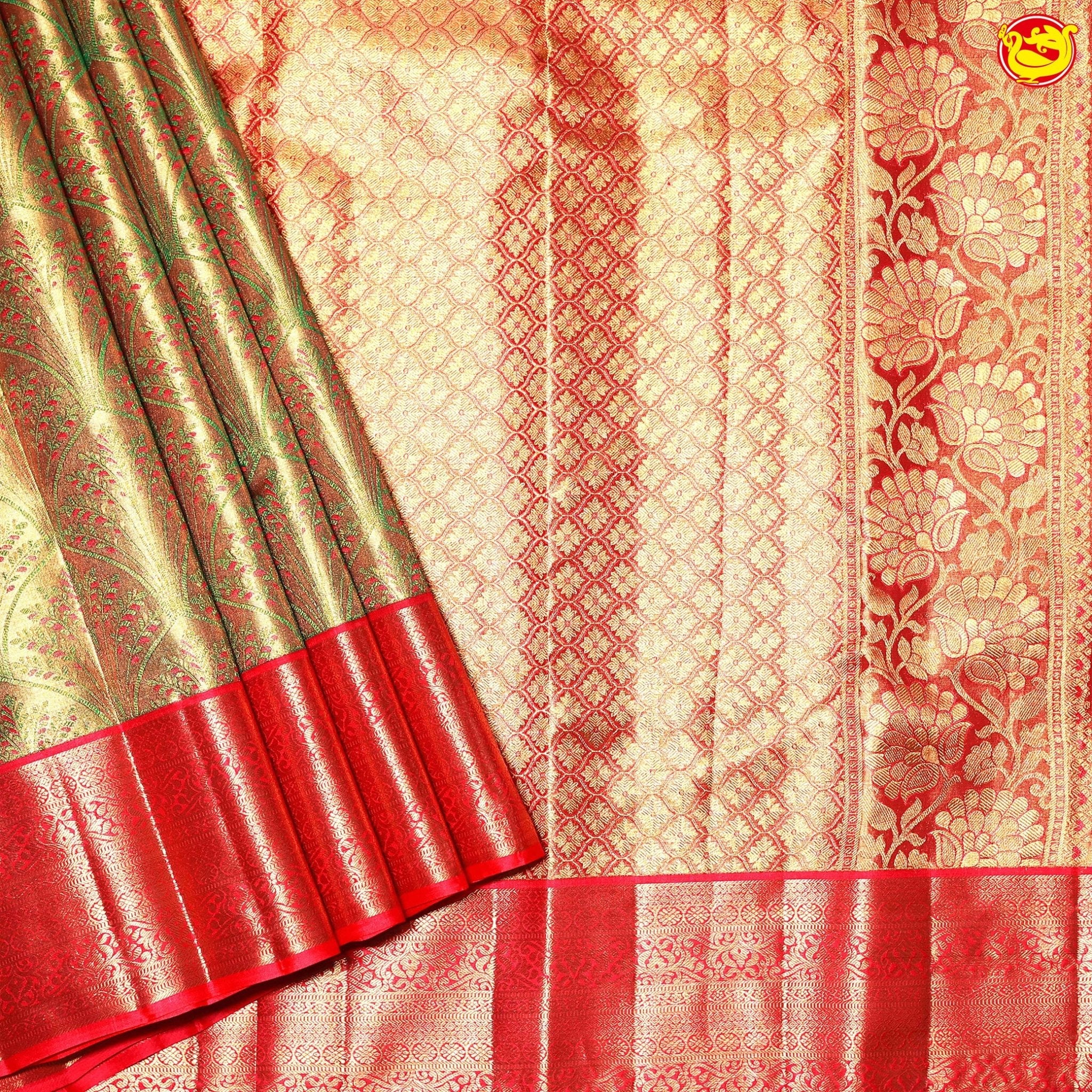 Golden Red Floral Motifs Gold Zari Traditional Floral Border Tissue Wedding Silk Saree