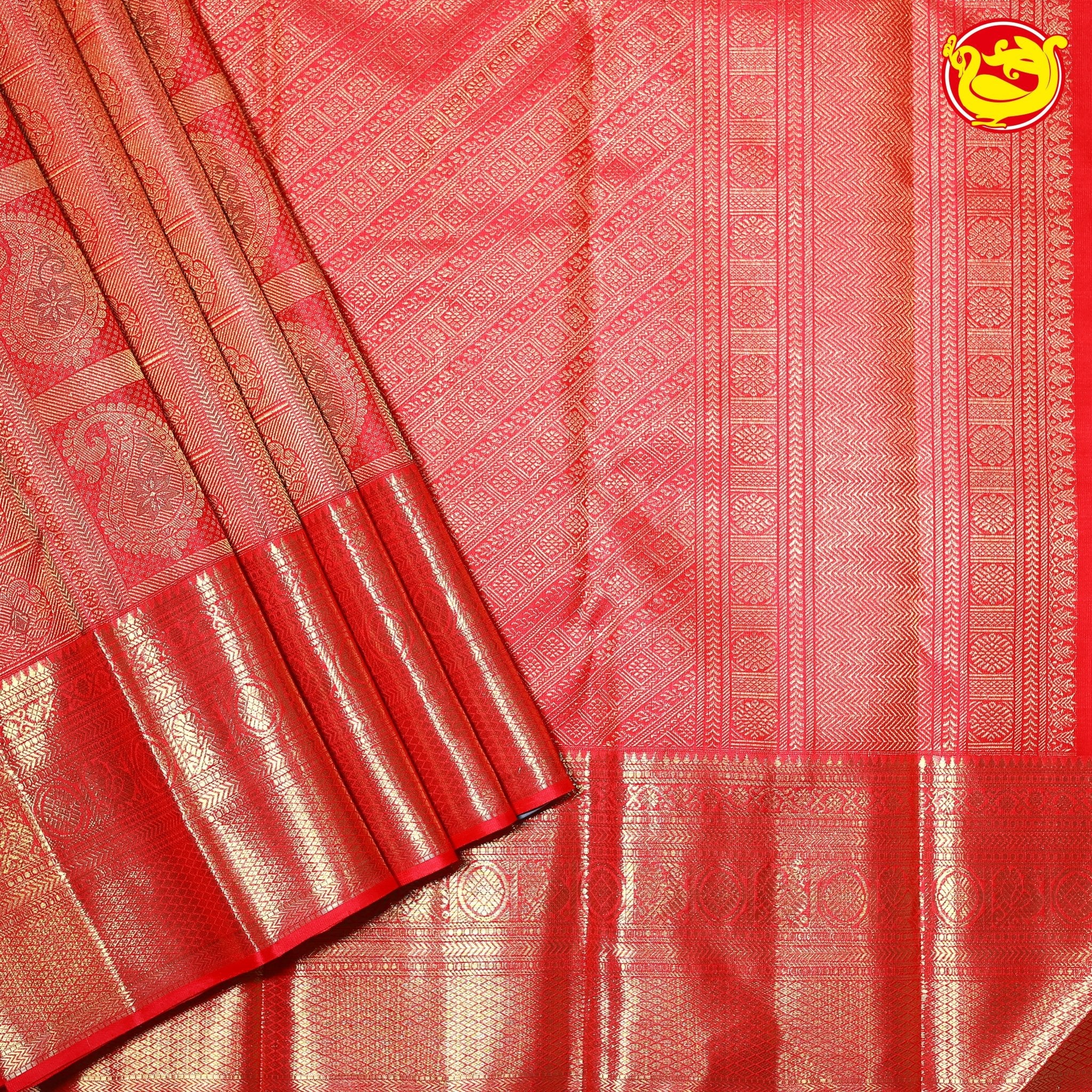 Ruby Red Mango Floral Motifs Gold Zari Long Border Pure Kanjivaram Subhalaya Wedding Silk Saree