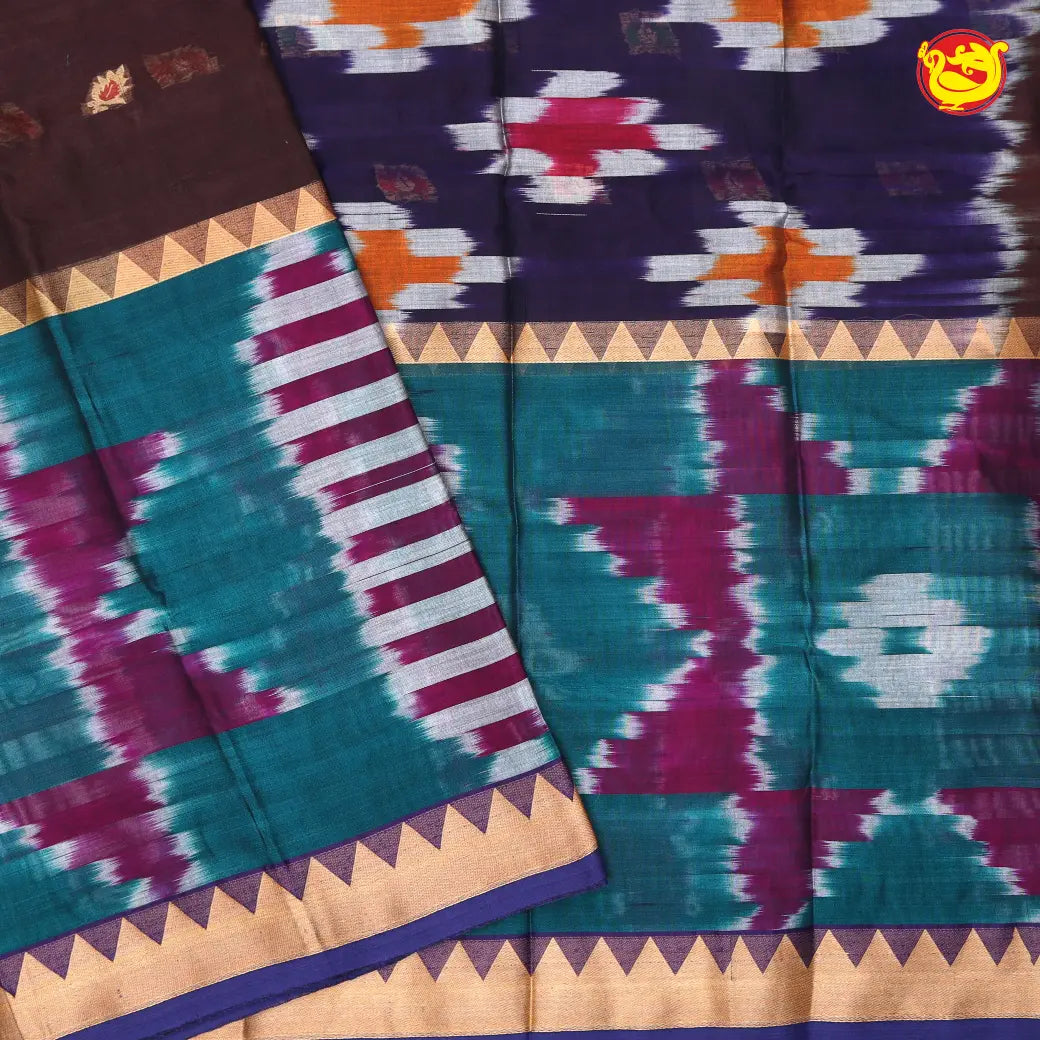 Dark Brown with Blue Pure Bengal Cotton Saree without Blouse