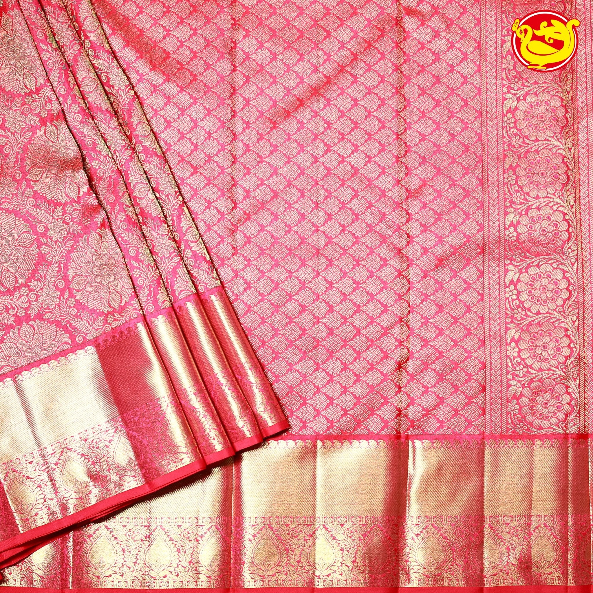 Pinkies Red Circle Floral Motifs Gold Zari Long Border Pure Kanjivaram Subhalaya Wedding Silk Saree