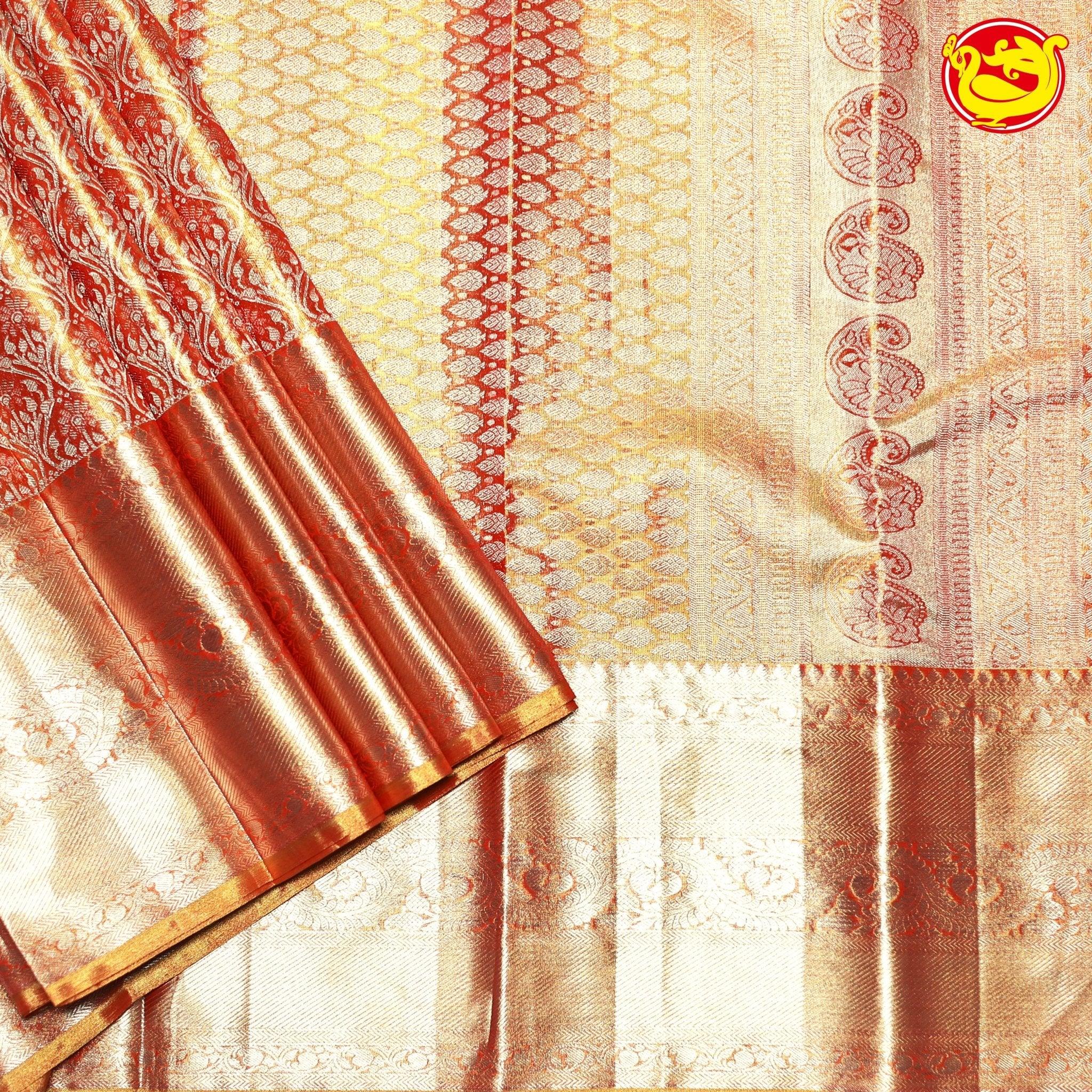 Light Amber Jacquard Gold Zari Floral Border Pure Kanjivaram Wedding Silk Saree - Thenianantham