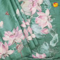 Green with Floral Print Raw Silk Saree - Thenianantham