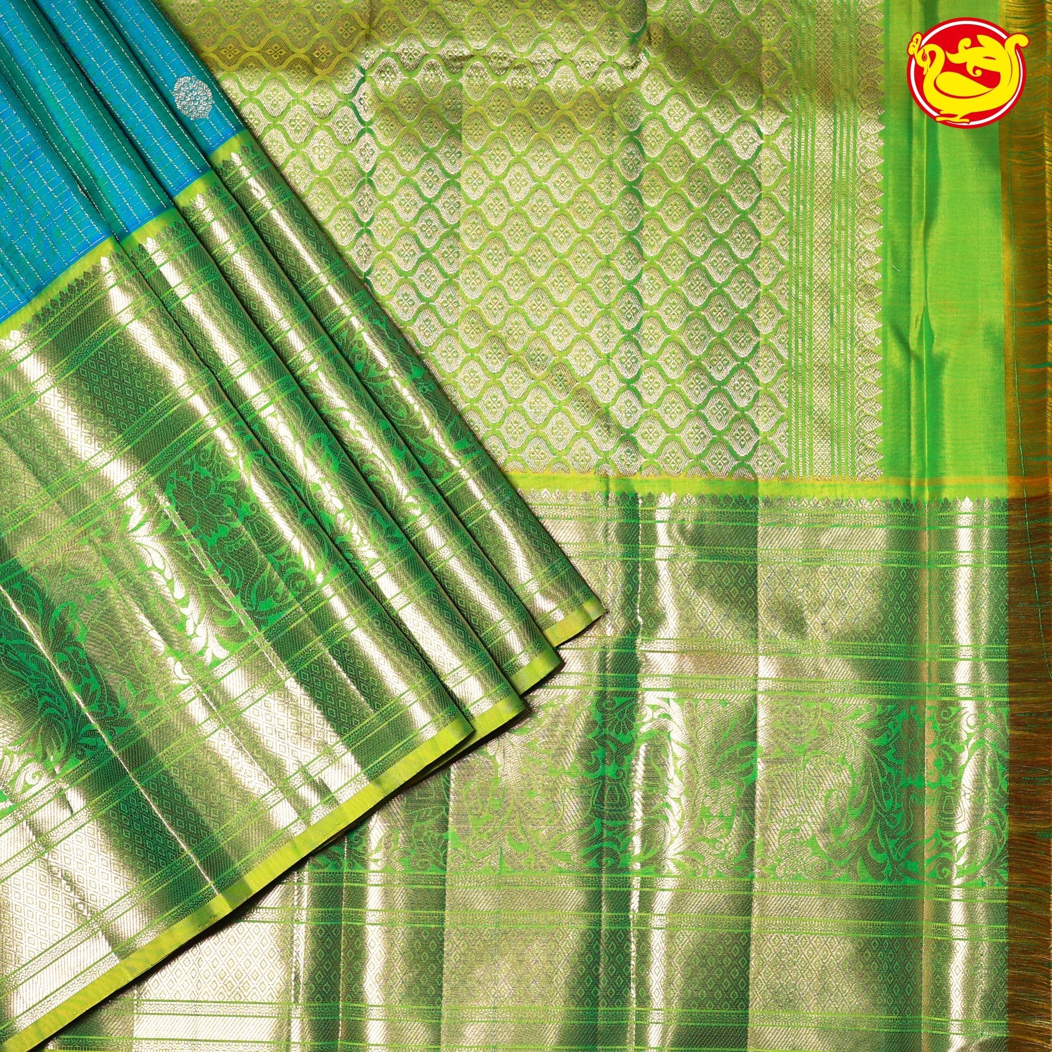 Rama Blue and Green Checked Traditional Long Border Kanjivaram Pure Soft Silk Saree - Thenianantham