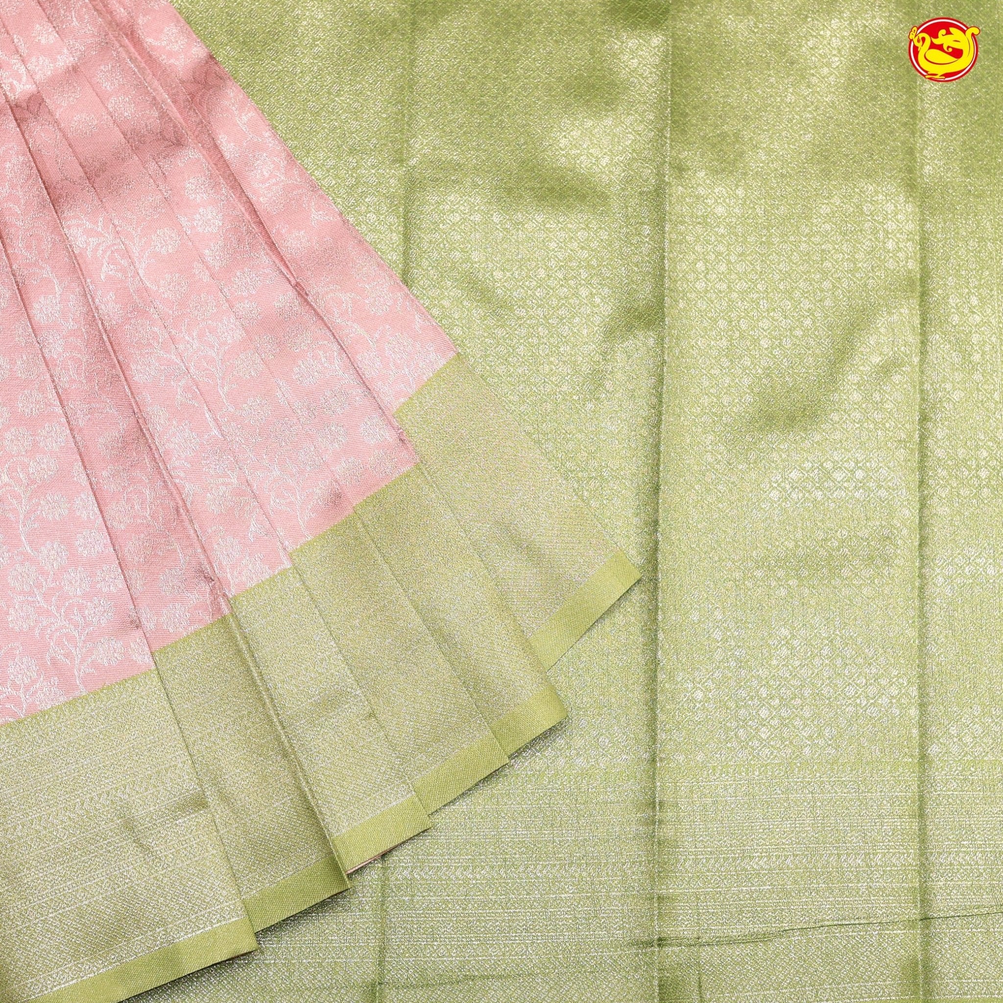 Peach with Pastel Green Floral Motifs Kubera Pattu Saree