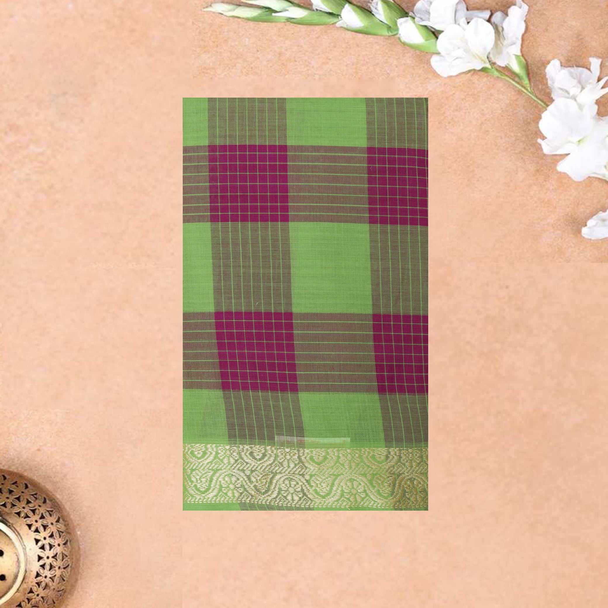 Green – Pink Small Checked Pattern Pure Chettinad Cotton Saree without Blouse