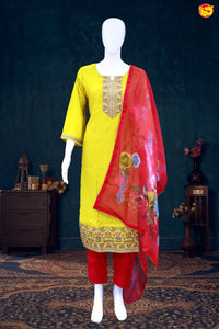 Lemon Yellow Buttas with Floral Embroidery work Ladies Branded Readymade Chudi Set - Thenianantham