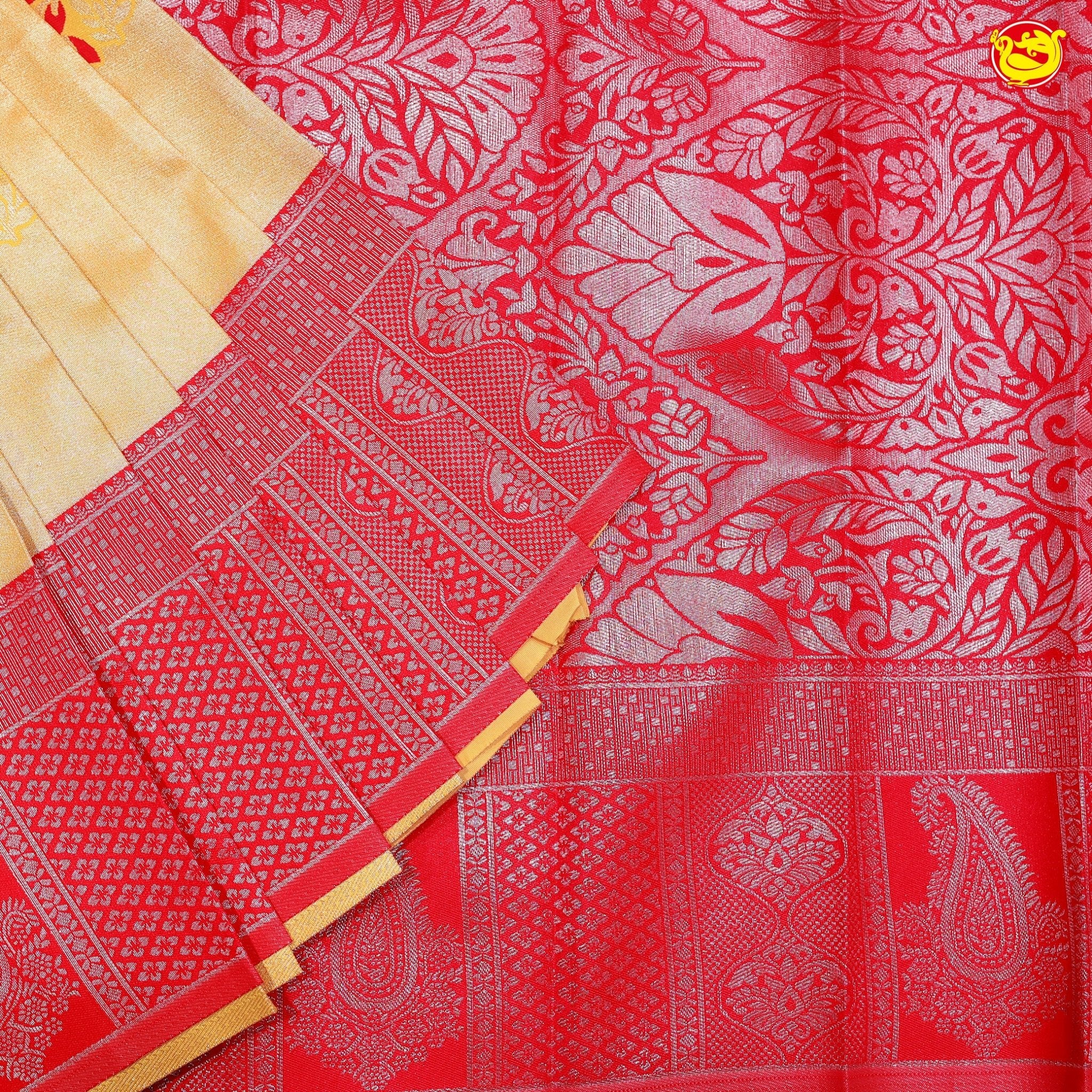 Yellow with Red Rose Mango Motifs Kubera Pattu Saree