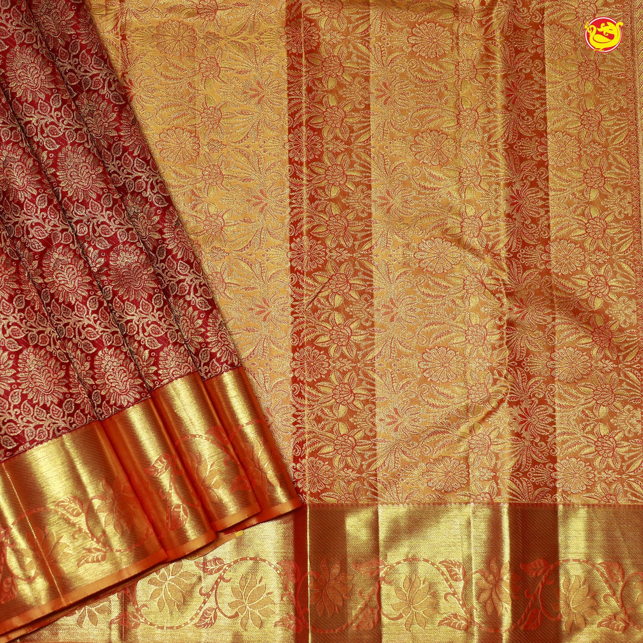 Red Jacquard Gold Zari Floral Motifs Border Kanjivaram Wedding Silk Saree