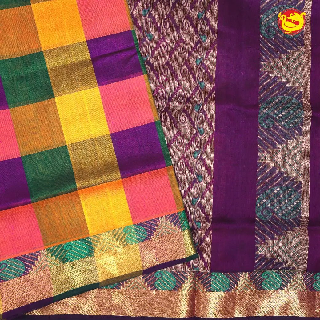 Multicolour Checked Pattern Arani Silk Cotton Saree