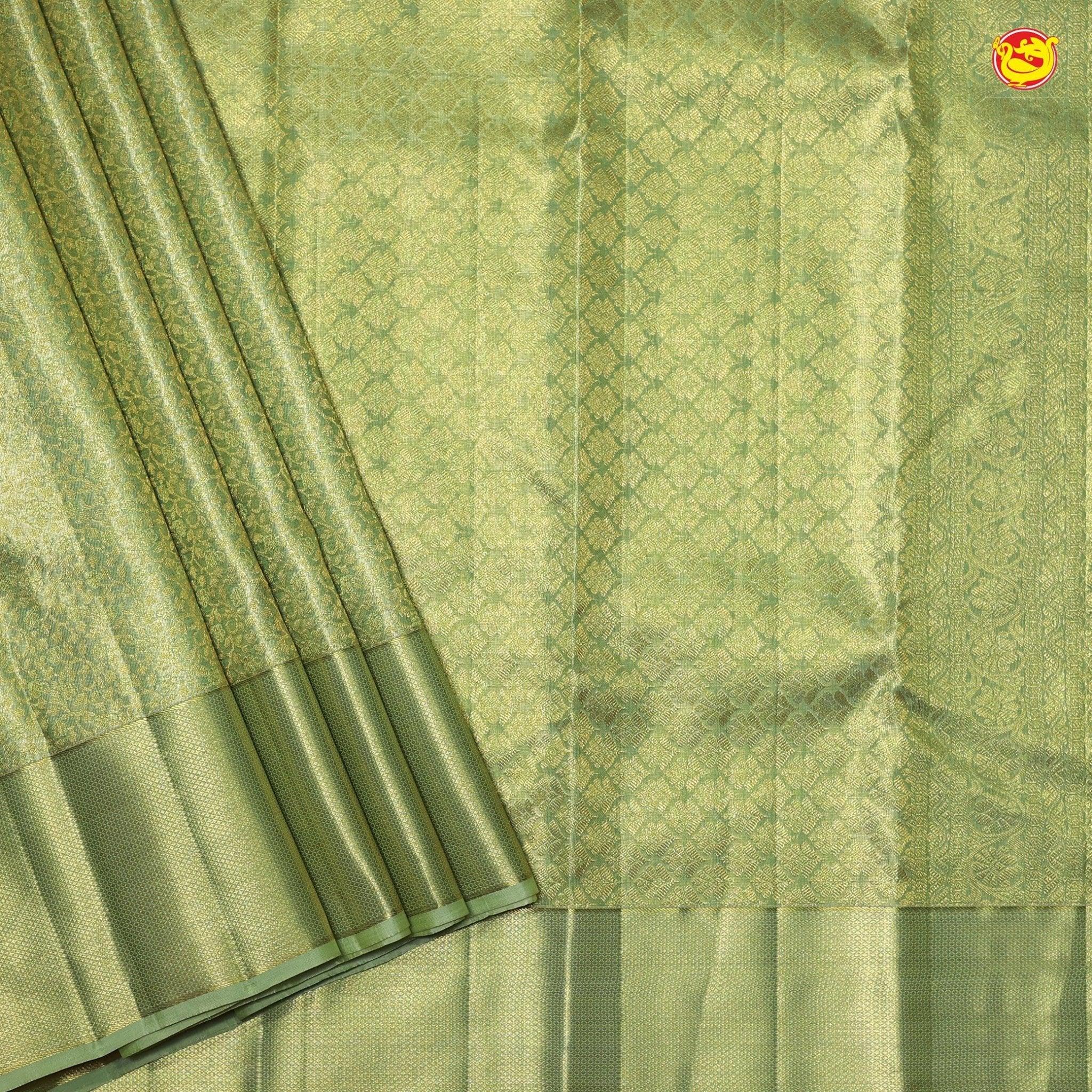 Pista Green Floral Motifs Gold Zari Long Border Pure Kanjivaram Wedding Silk Saree