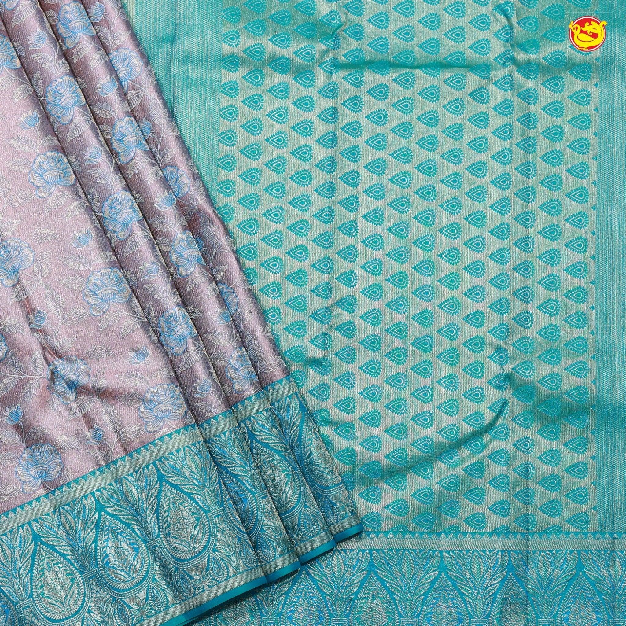 Peach with Rama Green Floral Silver Zari Leafs Motifs Long Border Pure Wedding Silk Saree