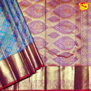 Capri Blue Floral Pattern Gold Zari Mango Motifs Border Pure Kanjivaram Subhalaya Wedding Silk Saree - Thenianantham