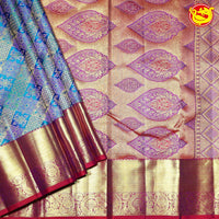 Capri Blue Floral Pattern Gold Zari Mango Motifs Border Pure Kanjivaram Subhalaya Wedding Silk Saree - Thenianantham