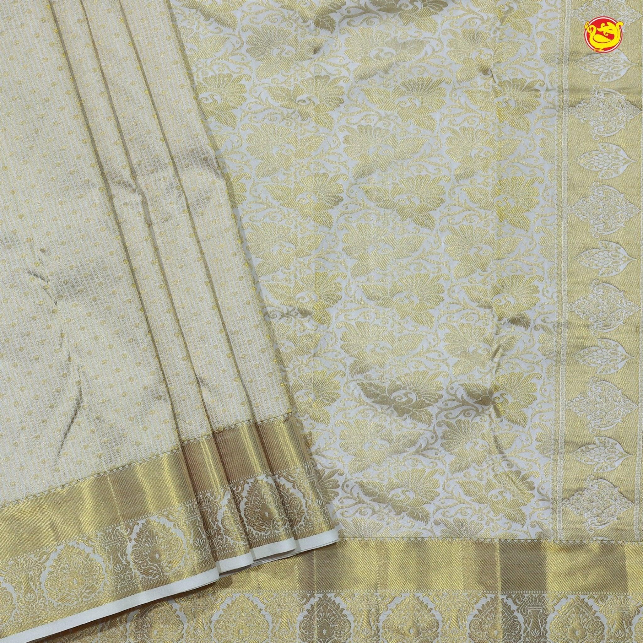 Creamy White Jacquard Gold Zari Leafs Motifs Pure Kanjivaram Wedding Silk Saree