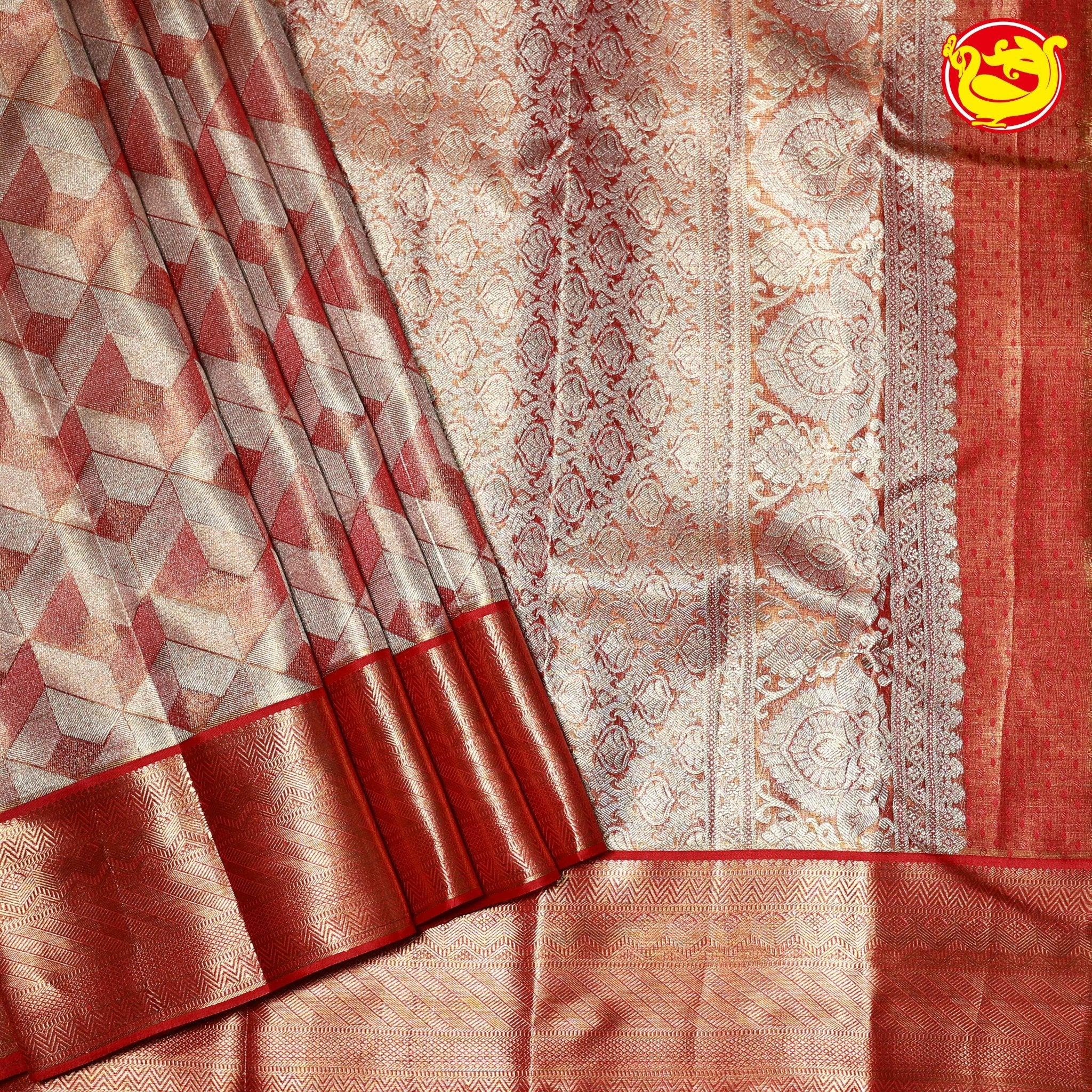 Peaches Pink Geometry Pattern Tissue Gold with Silver Zari zig zag Motifs Border Pure Kanjivaram Wedding Silk Saree