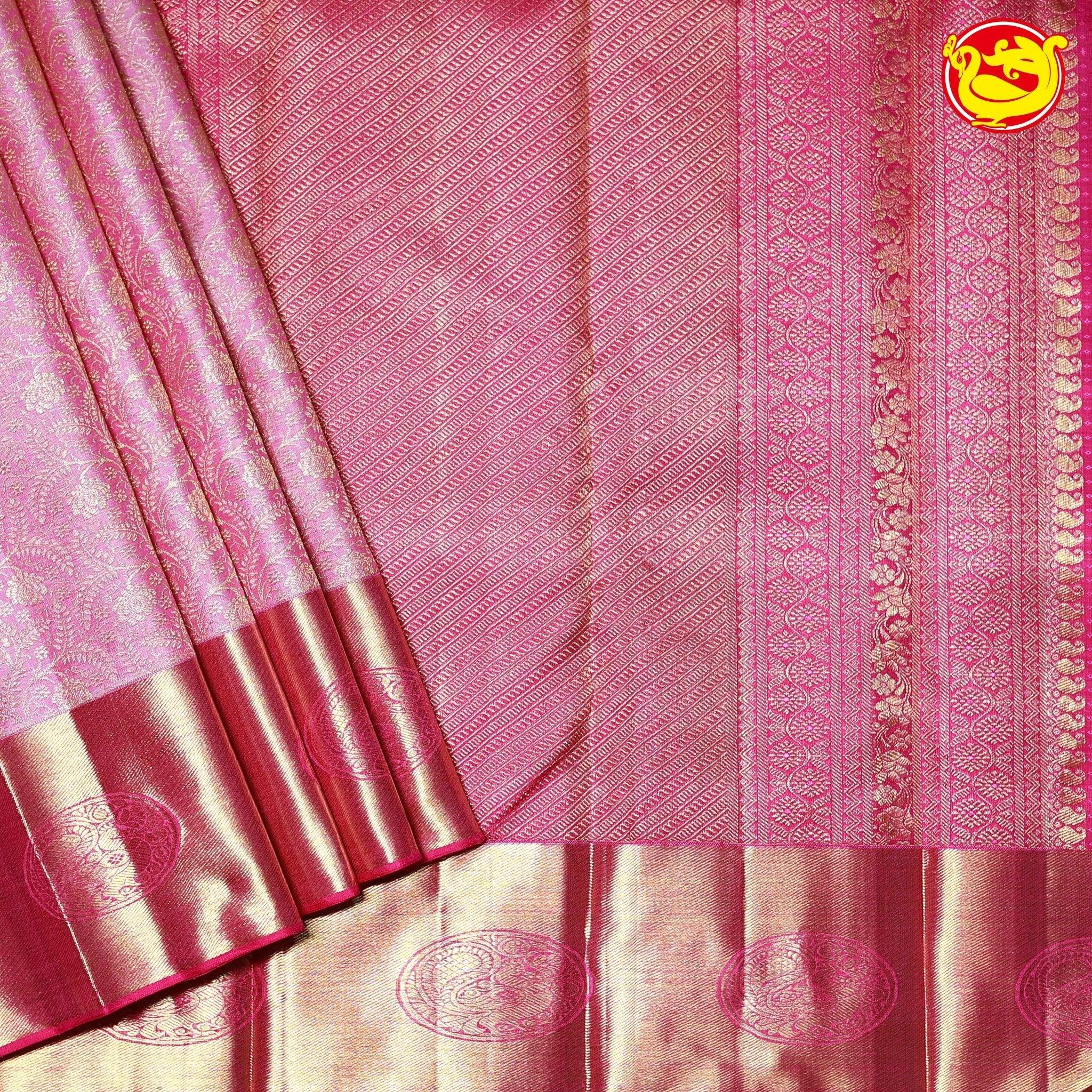 Rose Milk Jacquard Gold zari Floral Border Pure Kanjivaram Subhalaya Wedding Silk Saree