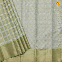 Pastel Green Kattam Motifs Silver Zari Floral Long Border Pure Kanjivaram Wedding Silk S - Thenianantham